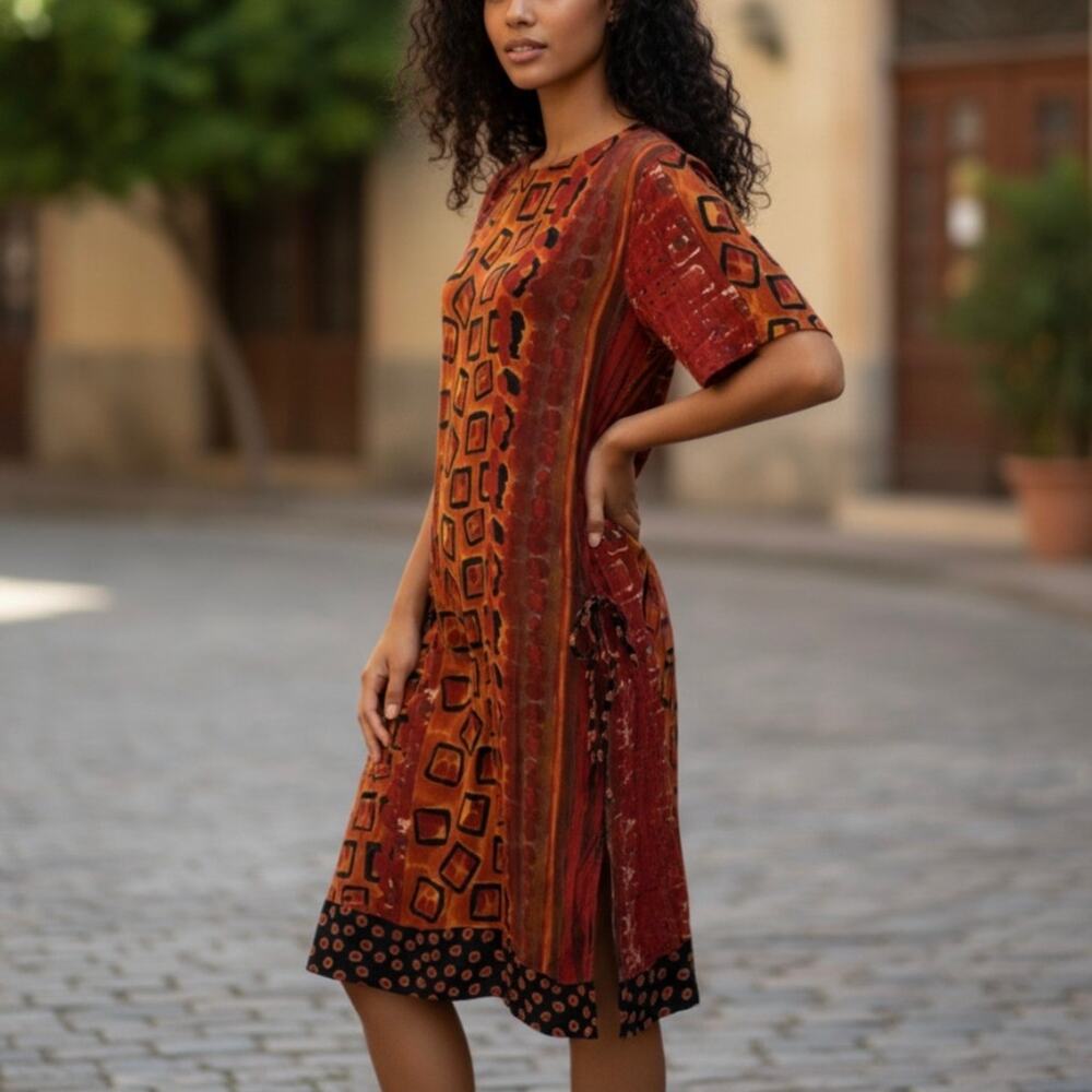 Saint Tropez West Vintage Orange Geometric Patterned Side Tie Dress